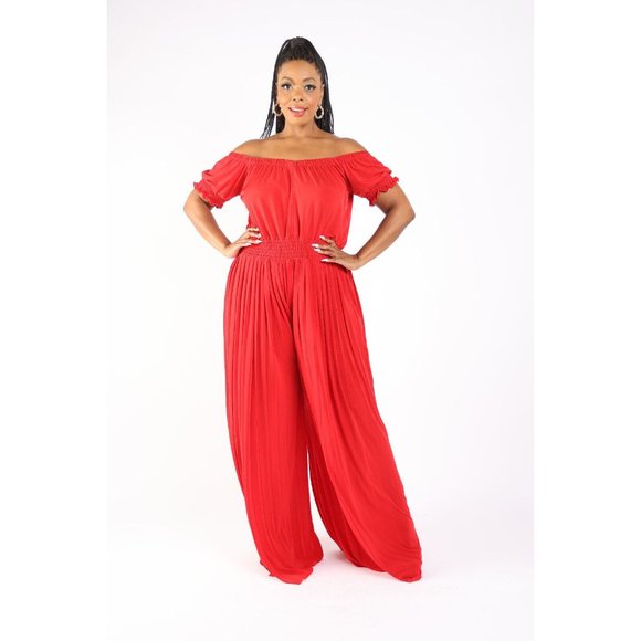 Women's Pleated off Shoulder Jumpsuit Plus Size 1X 2X 3X BLACK RED - Picture 11 of 12